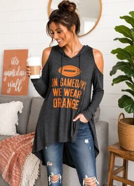 Zutter Game Day Cold Shoulder Hooded Tunic Top Orange Football Graphic Gray, M